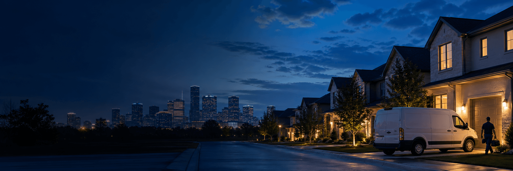 Houston neighborhood at dusk with a plumbing service vehicle
